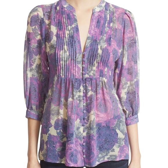 Joie Datev Purple Floral Pintuck Button Down Silk Blouse Size Large - Picture 1 of 14
